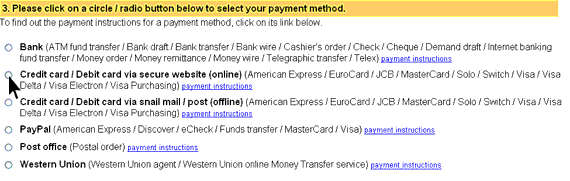 Check the payment instructions for each of the available payment methods by clicking on their links, and select your preferred payment method